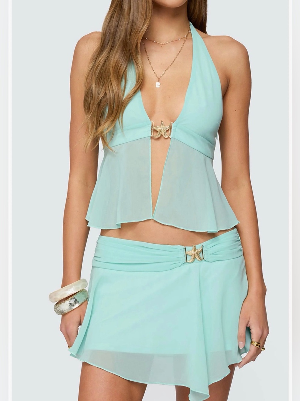 Edikted SET Sea Star Split Front Chiffon Top Asymmetric Chiffon Mini Skirt Small